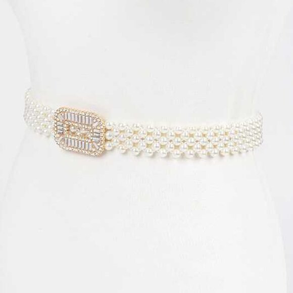 BNWT Brand New Crystal Buckle Faux Pearl Elastic Belt Bridal Belt Stretch Belt - Picture 2 of 5
